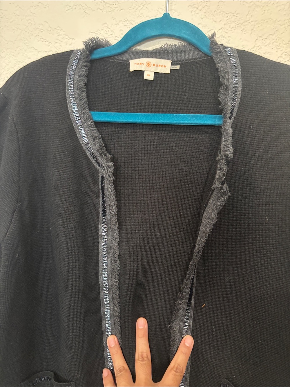 Tory Burch Black Fringe-Trim Open Cardigan - Picture 2 of 9